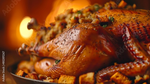 Delicious close-up view of a roasted turkey filled with aromatic stuffing, enhanced by a cozy warm orange background