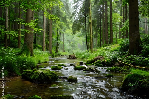 A serene forest with a river flowing through it.