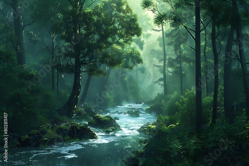 A serene forest with a river flowing through it.