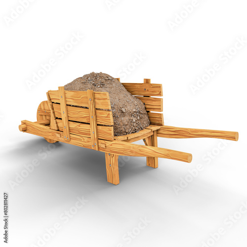 Wheelbarrow with Soil on White Background. 3D Illustration. File with Clipping Path.