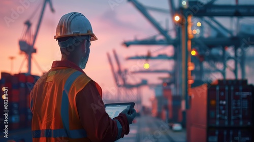 An inspiring stock photo of an engineer holding a digital tablet and supervising a dock worker in the foreground, with blurred stacks of containers and cranes in the background. photo