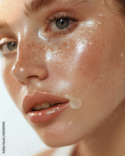 A closeup photograph of a model wearing skin care cream