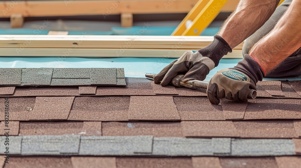 Roofing contractor applying shingles, close-up, detailed texture and alignment of materials - Roofing contractor applying shingles, close-up, detailed texture and alignment of materials -