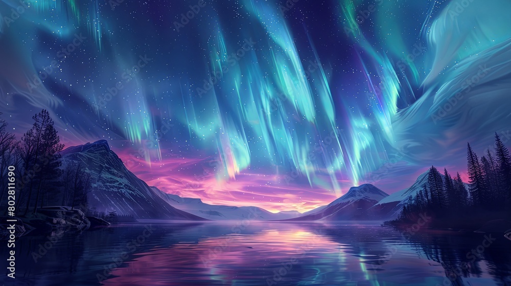 Northern Lights on a snowy landscape at twilight. Northern Lights on a snowy landscape at twilight.