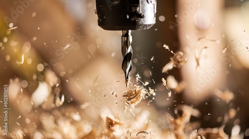 Power drill in action, close-up on drill bit penetrating wood, detailed wood shavings 