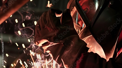 Welder's mask and gloves, close-up, detailed safety gear, sparks visible in background  photo
