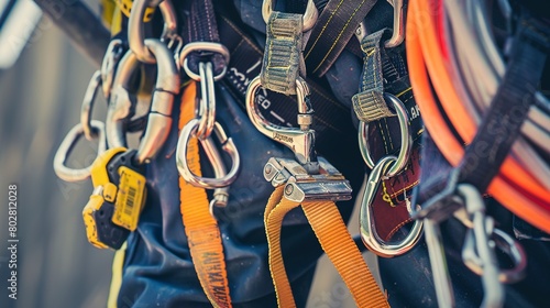 Safety harness and carabiners on a construction worker, close-up, detailed safety equipment  photo