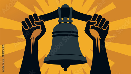 A closeup of a Liberty Bell replica with a Black fist raised in front of it representing the fight for emancipation.. Vector illustration