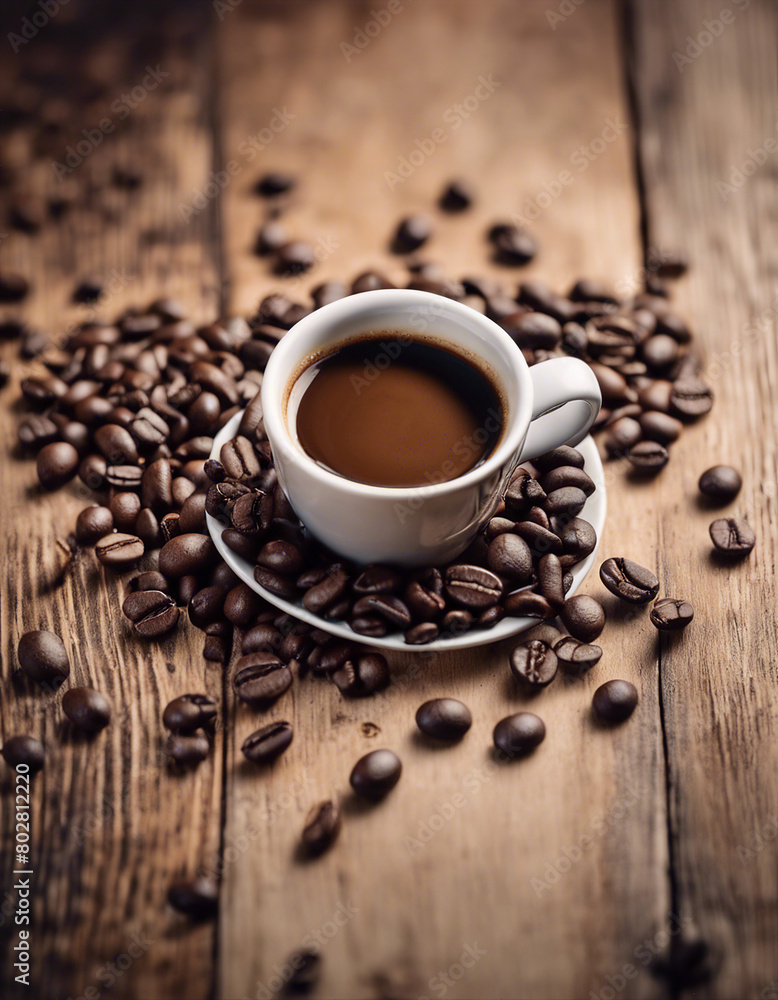 Espresso and coffee beans on wooden background, copy space for text, top view
Espresso and coffee beans on wooden background, copy space for text, top view