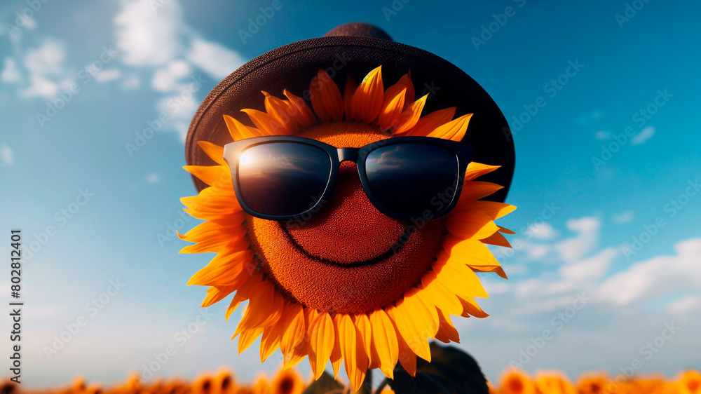 Close-up sunflower wearing black sunglasses with blue sky background. Summer background Close-up sunflower wearing black sunglasses with blue sky background. Summer background