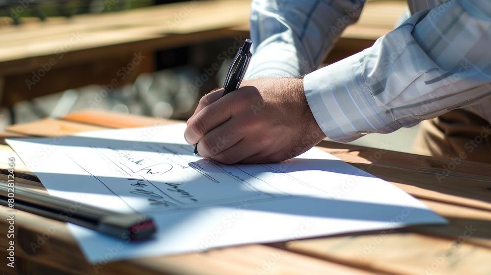Contractor signing a construction document, close-up, detailed pen and signature Contractor signing a construction document, close-up, detailed pen and signature