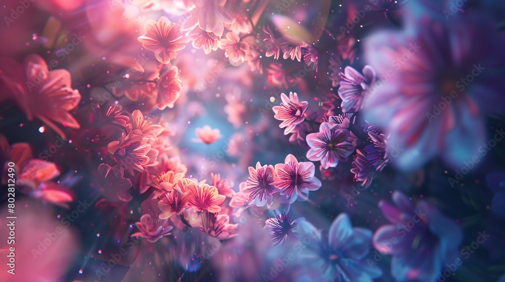 Close-up on a fantasy garden background, blooming under a pastel nightlight, springtime blossoms Close-up on a fantasy garden background, blooming under a pastel nightlight, springtime blossoms
