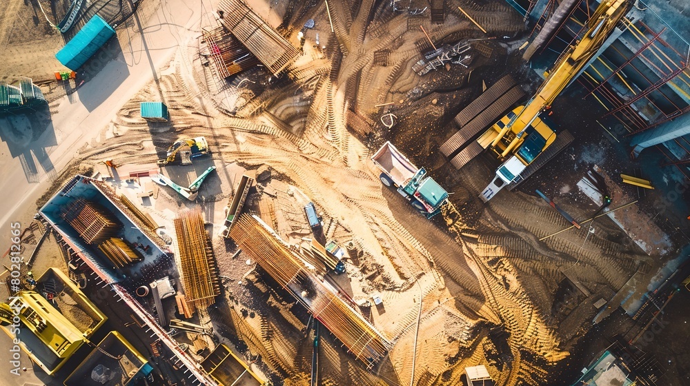 Aerial close-up of an active construction site, detailed view of machinery and workers 