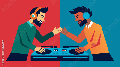 The tension between the DJs reaches its peak as they both try to oneup each other with increasingly complex mixes. Vector illustration