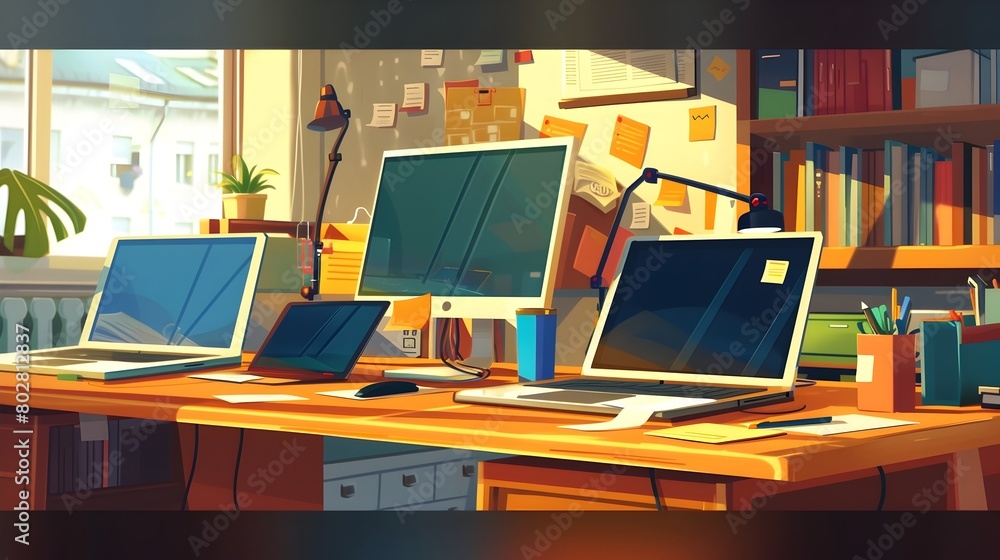 Organized Digital Workstation with Laptops Tablets and Documents on a Wooden Desk in a Cozy Office Environment Organized Digital Workstation with Laptops Tablets and Documents on a Wooden Desk in a Cozy Office Environment