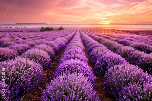 Explore the peaceful serenity of a lavender field in the early morning light, where rows of fragrant purple blooms sway gently in the breeze, Generative AI