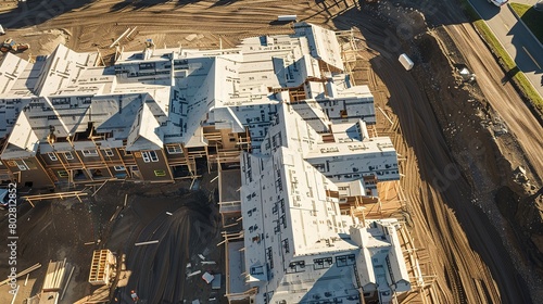 Drone close-up of a residential development in progress, detailed roofing and framing stages 