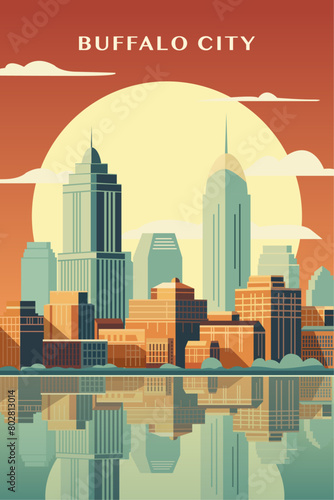 USA Buffalo city retro poster with abstract shapes of cityscape, skyline, skyscrapers, buildings at sunrise, sunset. Vintage New York State, Unites States of America town travel vector illustration	