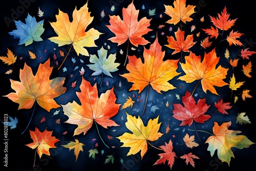 Colorful watercolor autumn leaves on a dark background.