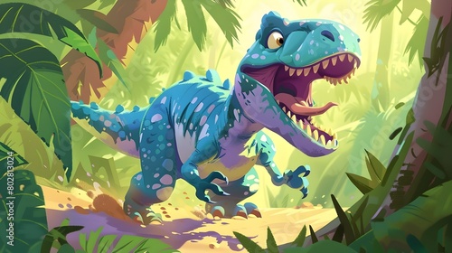 Playful Dinosaur Exploring Vibrant Jungle Landscape in Whimsical