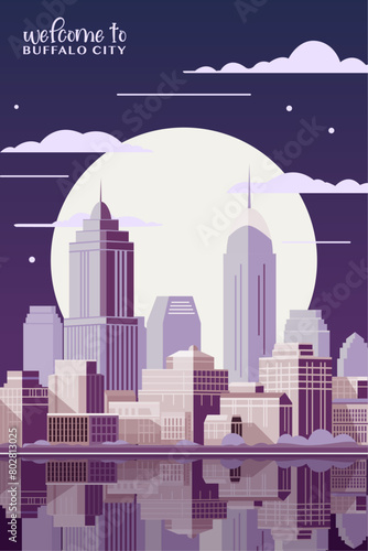 Photography USA Buffalo city retro poster with abstract shapes of cityscape, skyline, skyscrapers, buildings at sunrise, sunset