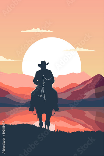 Vintage retro western movie poster with a cowboy, sheriff, outlaw man riding a horse. Mountains at dusk as background. Vector flat illustration