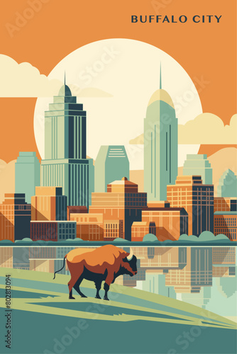 USA Buffalo city retro poster with abstract shapes of cityscape, skyline, skyscrapers and bison in park. Vintage New York State, Unites States of America town travel vector illustration	 photo