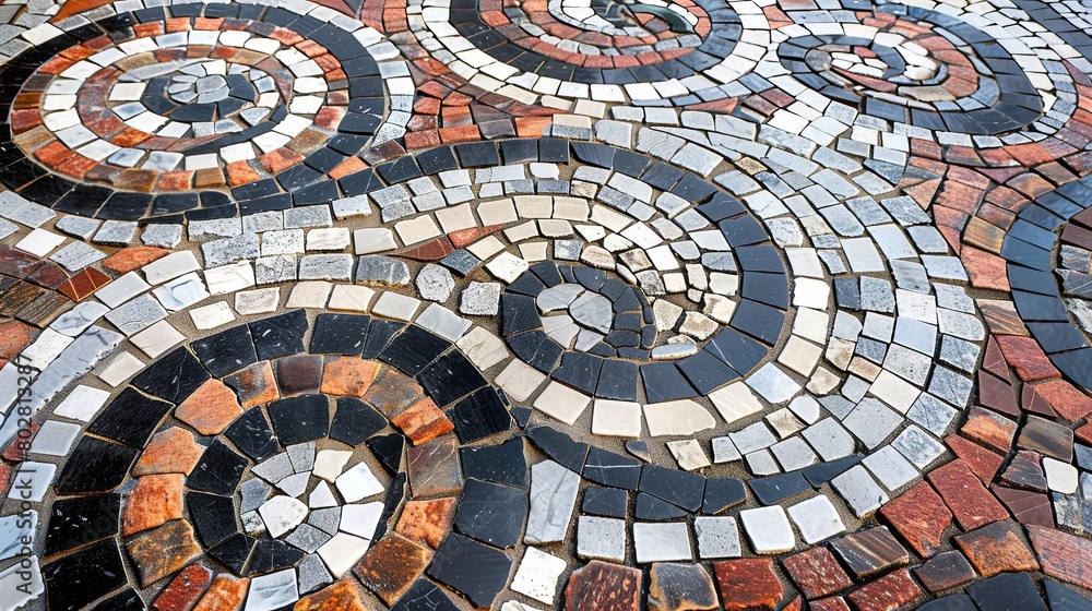 a colorful mosaic tile floor featuring a variety of shapes and sizes, including squares, rectangles