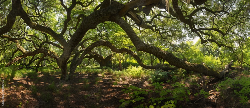 panoramic view of the canopy and branches of an ancient live oak tree in south carolina, with lush green leaves, wide angle shot, high resolution photography panoramic view of the canopy and branches of an ancient live oak tree in south carolina, with lush green leaves, wide angle shot, high resolution photography