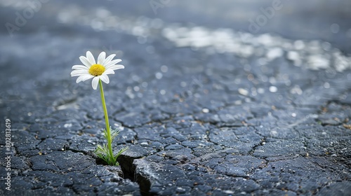 Crack of hope: A delicate flower bursts through the asphalt, its presence a reminder that even in difficult times, hope can thrive.  © Dara