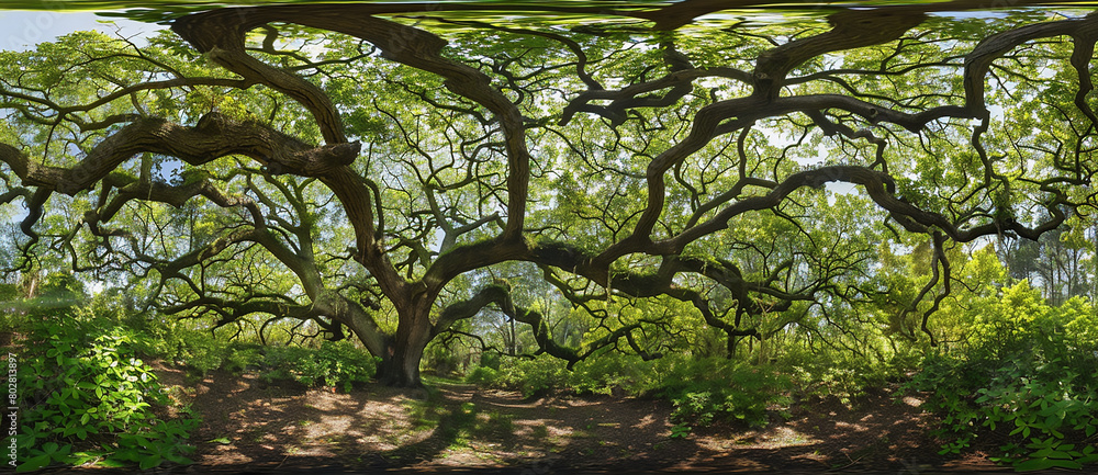 Fototapeta premium panoramic view of the canopy of an ancient oak tree in south carolina, wide angle, green leaves, intricate details, beautiful