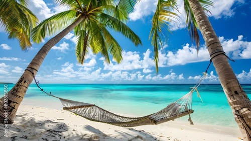 Tranquil Tropical Beachscape with Swaying Palms and Inviting Hammocks Overlooking Turquoise Waters photo