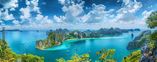panoramic view of the tropical sea with green jungle and stone isles in thailand, blue sky with white clouds, highly detailed, sharp focus, high resolution photography, high definition photo