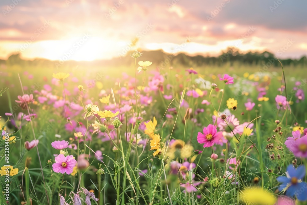 Bask in the vibrant colors of a sun-kissed flower field, where a sea of blossoms stretches to the horizon, painting the landscape in hues, Generative AI