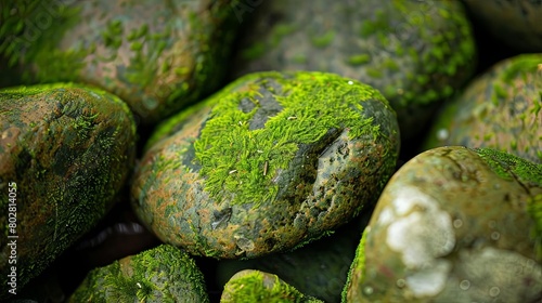 a close - up of a pile of green rocks, including a large one on the left, a smaller one in the cent