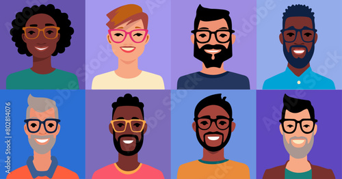 retrato de personas de diferentes culturas y razas. vector de set de diferentes tipos de personas con fondo cuadrado de colores azules.