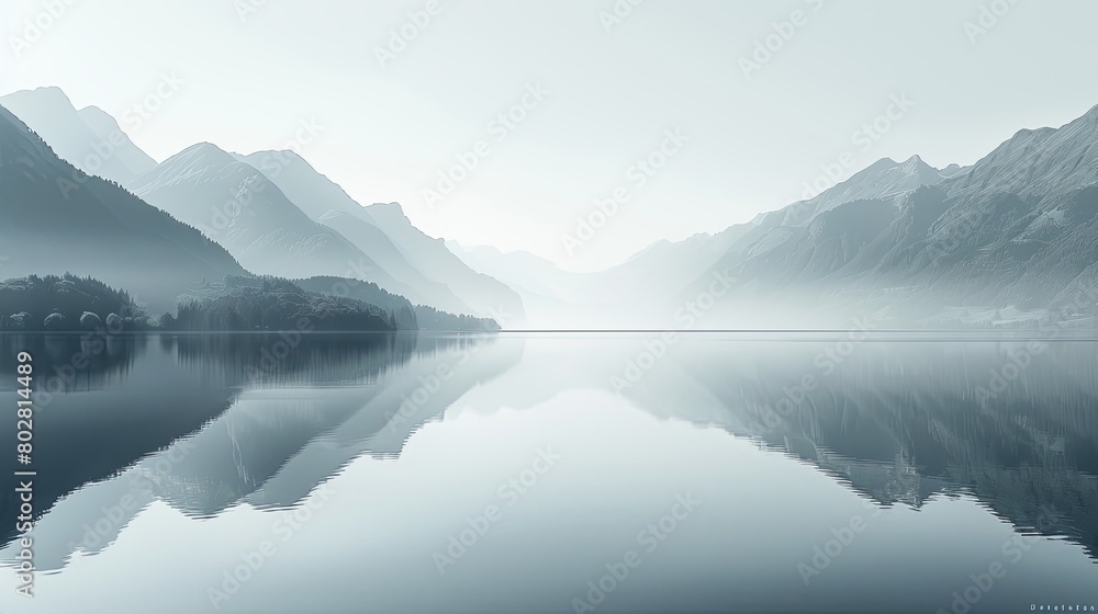 The still lake surrounded by towering mountains under a subtle sky. Black and white style