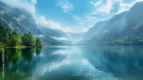 The still lake surrounded by towering mountains under a blue and cloudy sky.