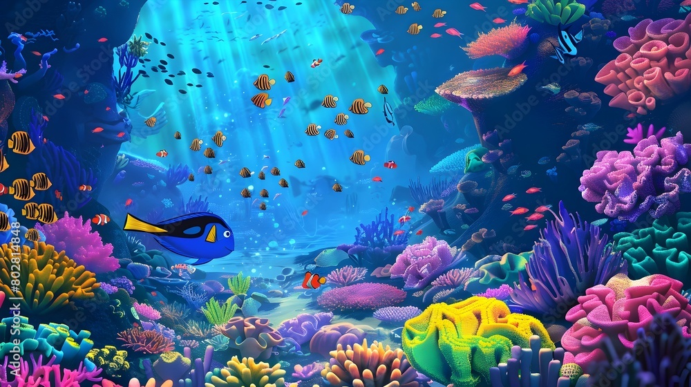 Fototapeta premium Vibrant Underwater Wonderland with Coral Reefs and Tropical Fish in Animated Style