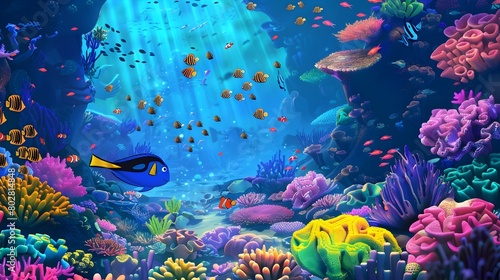 Vibrant Underwater Wonderland with Coral Reefs and Tropical Fish in Animated Style © CYBERUSS