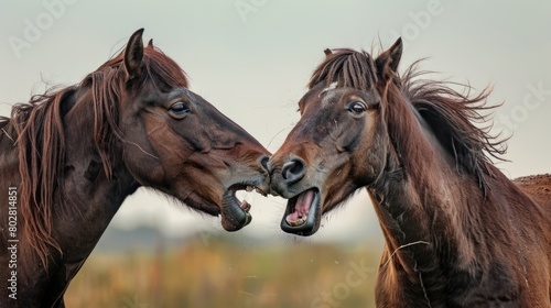 A pair of horses standing side by side. Suitable for equestrian themes