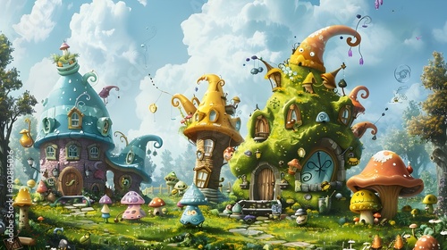 Whimsical Cartoon Landscape with Playful Fantasy Creatures and Enchanted Mushroom Homes