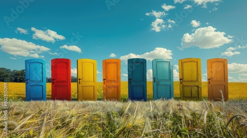 Gateway to the unknown: Colorful doors materialize on a sunny field, sparking curiosity and wonder on a summer afternoon.