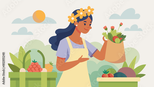 Visiting a local farmers market the soft girl in the center picking out fresh fruits and vegetables her ecofriendly tote bag and flower crown adding a.