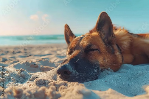 Pedigree puppy relaxing on sandy beach with ocean view, serene summer vacation setting © Eva
