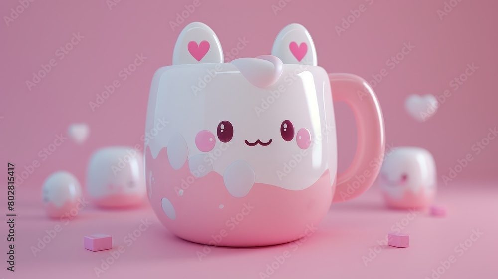 Cute 3D coffee mug, pink, pink background Cute 3D coffee mug, pink, pink background