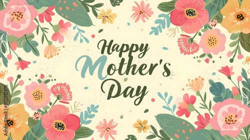 Beautiful and vibrant Mother's Day card adorned with a lush variety of flowers and cheerful typography on a soft background. photo