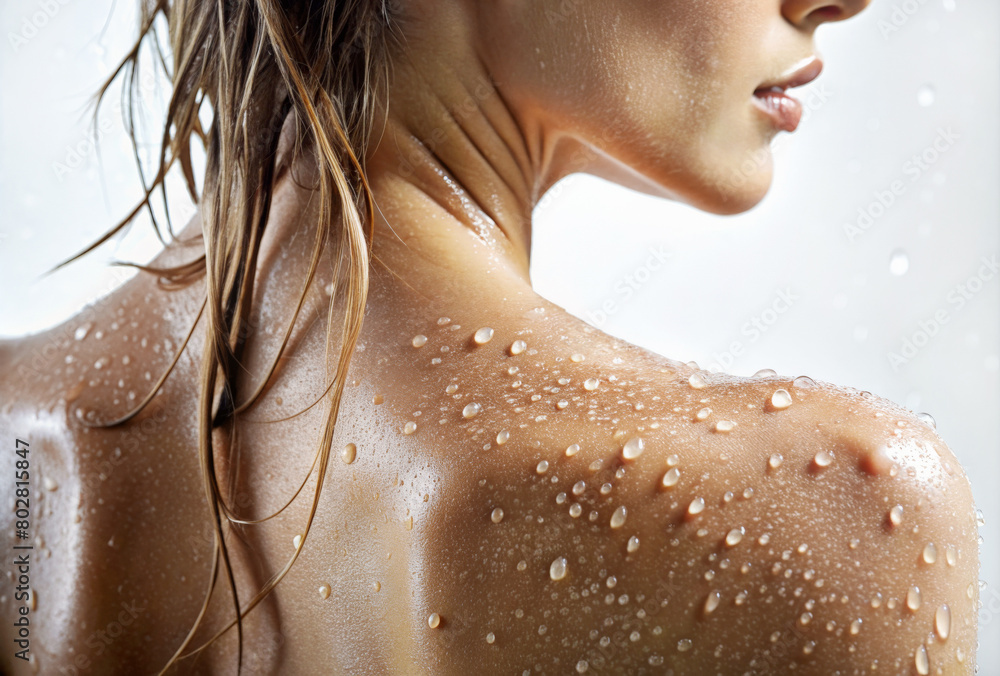 Female back and shoulders under water drops. Wet Beautiful sexy woman in shower Female back and shoulders under water drops. Wet Beautiful sexy woman in shower