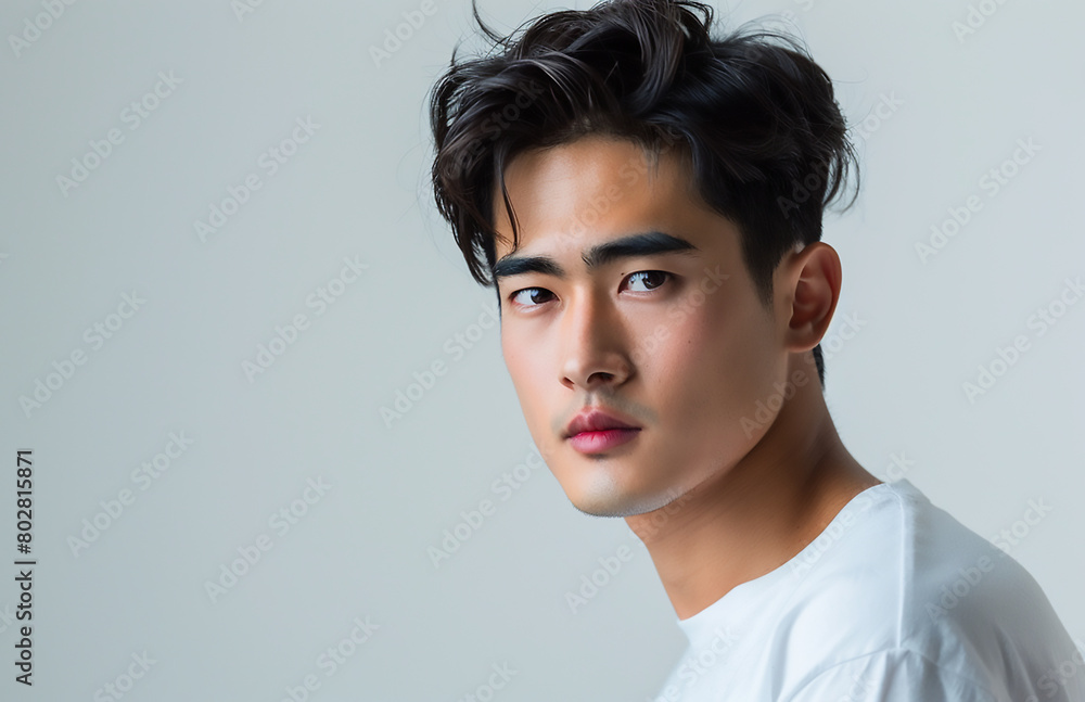 Young handsome Asian man wearing a white t-shirt looking at the camera isolated on a white background. Portrait of a young Asian male with a hairstyle and casual wear standing Young handsome Asian man wearing a white t-shirt looking at the camera isolated on a white background. Portrait of a young Asian male with a hairstyle and casual wear standing