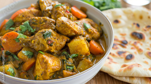 Savory jamaican curry chicken with soft roti bread and fresh herbs served on a rustic wooden table